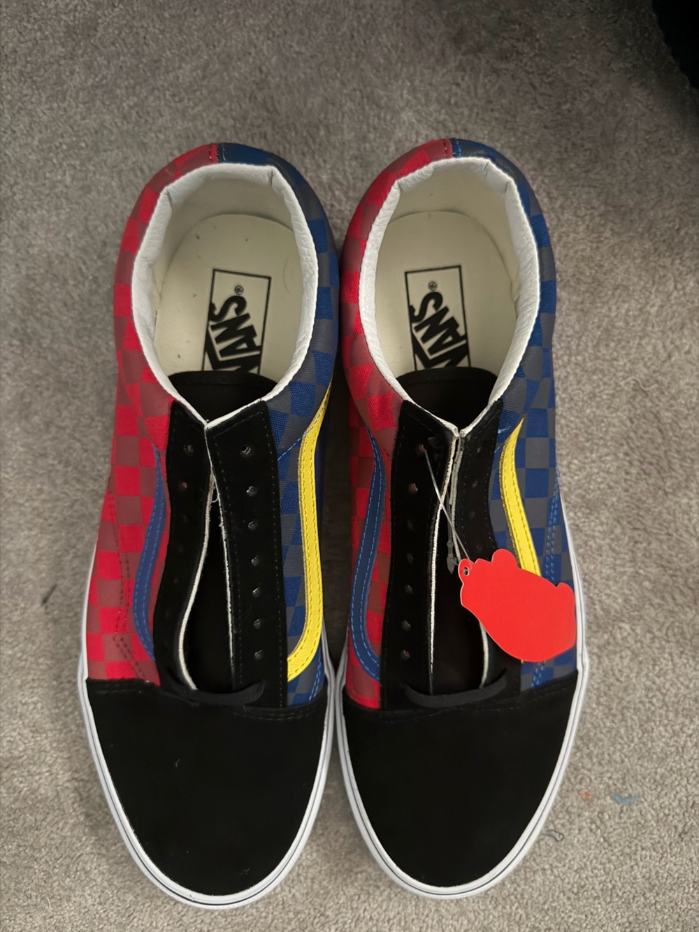 Vans Checkerboard Low-Top Sneakers — Red, Blue & Yellow Accent